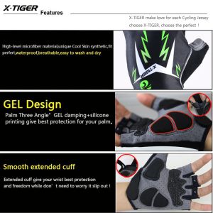 Gants de cyclisme X-Tiger 3D Gel Pad Half Finger Glove Motorcycle Bicycle Gants Reflective Summer Sports Shockproof Bike Gants