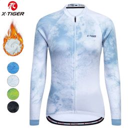 Tiger Jersey de vélo pour femmes Hiver Shirt à cyclisme à manches longues thermiques avec 4 poches arrière Vêtements de vélo en polaire Jeresy 240328