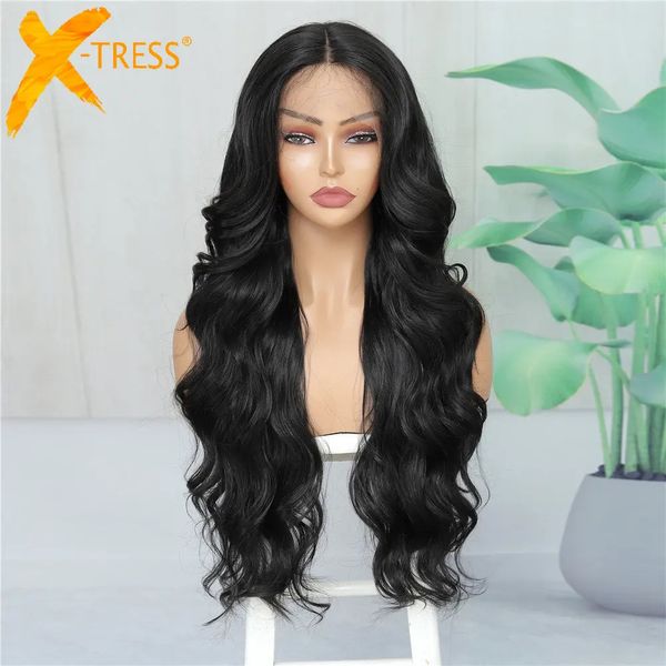 X-TRESS longue vague de corps synthétique dentelle avant perruque Middla partie couleur noire coiffure naturelle avec des cheveux de bébé cheveux ondulés quotidiens Wigs240115