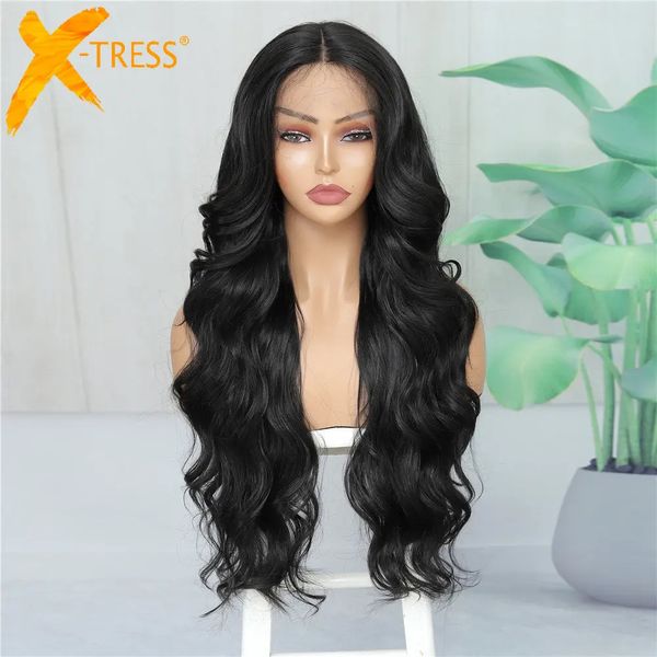 X-lbreuse Long Body Wave Synthetic Lace Wig Front Wig Middla Couleur noire Coiffure naturelle avec les cheveux de bébé Pernes de cheveux ondulés quotidiennes 240416
