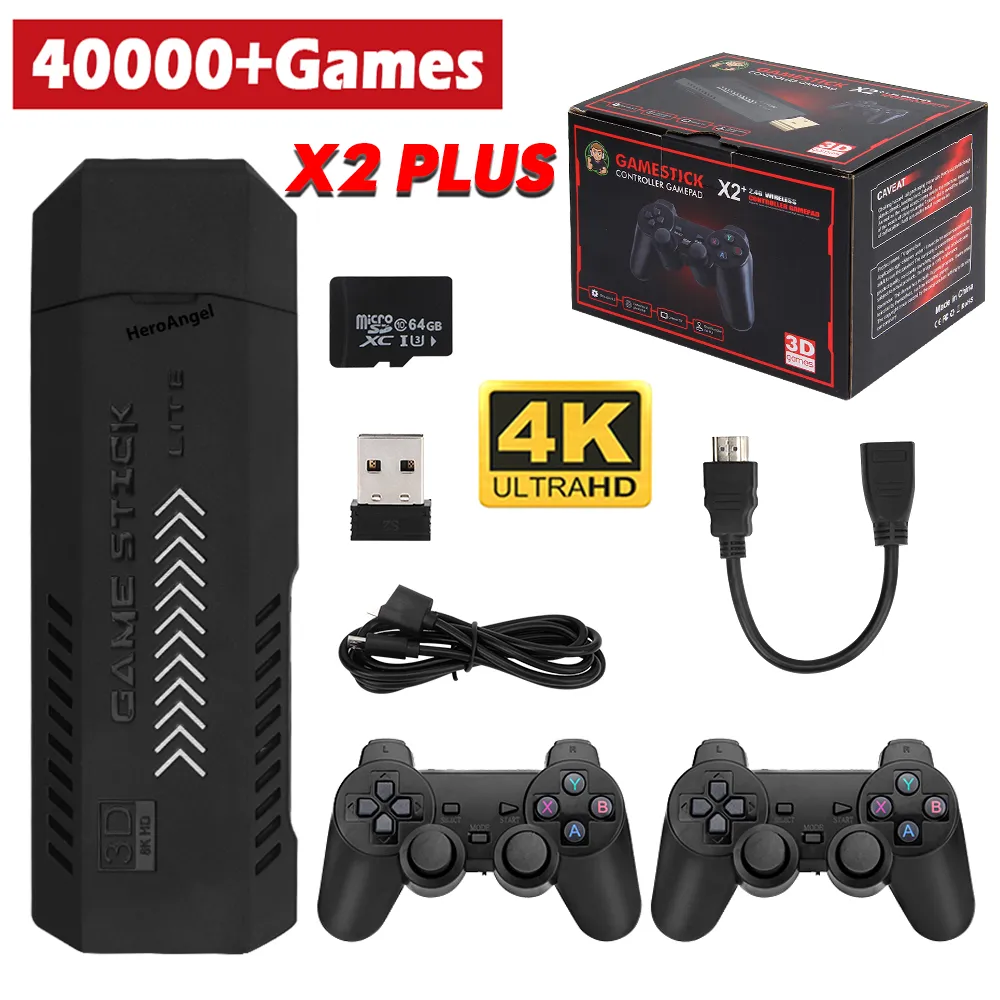 X2 Plus Gamestick 3D Retro Video Game Console 2.4g Controladores sem fio HD 4.3 Sistema 40000 Games 40 Emuladores para Sega/PSP/PS1