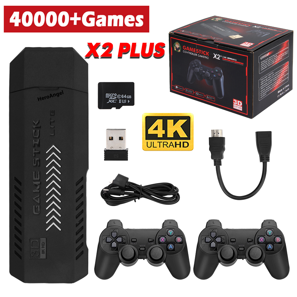 X2 Plus Gamestick 3D Retro videospelskonsol 2.4G trådlösa kontroller HD 4.3 System 40000 Spel 40 Emulatorer för SEGA/PSP/PS1