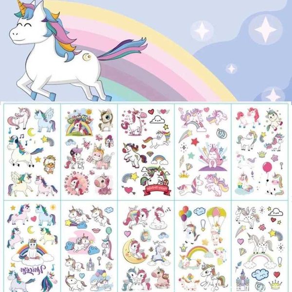 X49i Tattoo Transfer 10pcs dessin animé Unicorn Tatoo Set Tatouage Tattoo Couleur mignonne Faux Tatouage Corps d'autocollant Tatoo pour enfants Tatous pour enfants imperméables 240427