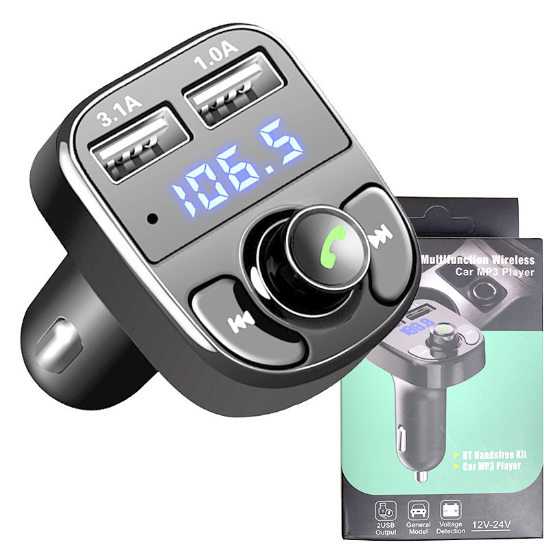 X8 FM Transmitter Multhfunction Wireless Car MP3 Player Kit Handsfree Call Radio Modulator Car Audio Receiver TF Card Slot 3.1A Quick Charge Dual USB Ports With Box