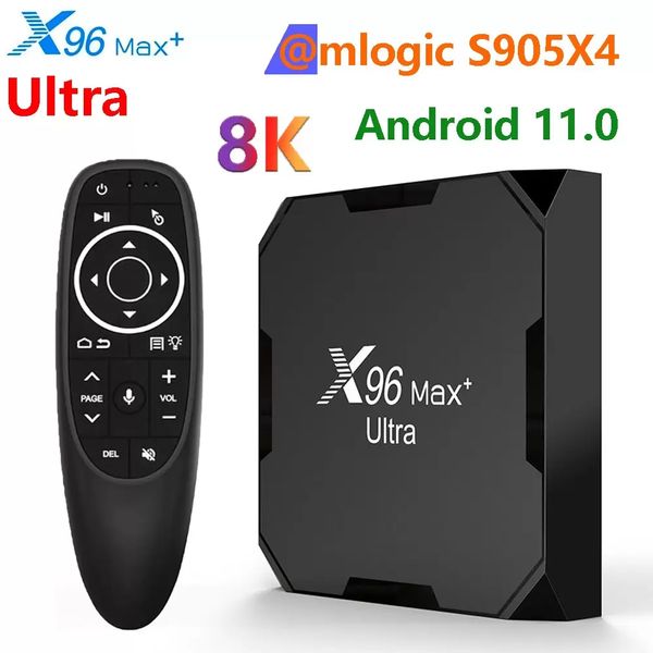 X96 Max + Ultra Set Top Box Android 11 Amlogic S905X4 2.4G / 5G WiFi 8K H.265 HEVC Media Player 100m x96 x4 avec G10S Pro Control vocal Control