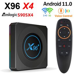 X96 X4 Android TV BOX Amlogic S905X4 Quad Core met G10S Google Voice Control 4GB 64GB 4GB32GB 2.4G/5G WIFI BT4.1 AV1 8K Media Player Home Movie Kleurrijk RGB Licht