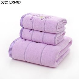 XC USHIO 3PCS / Set 100% Algodón Lavanda Juego de toallas Una pieza 70 * 140 cm Toalla de baño Dos piezas 34 * 75 cm Toallas faciales Juego de toallas de regalo Y200428