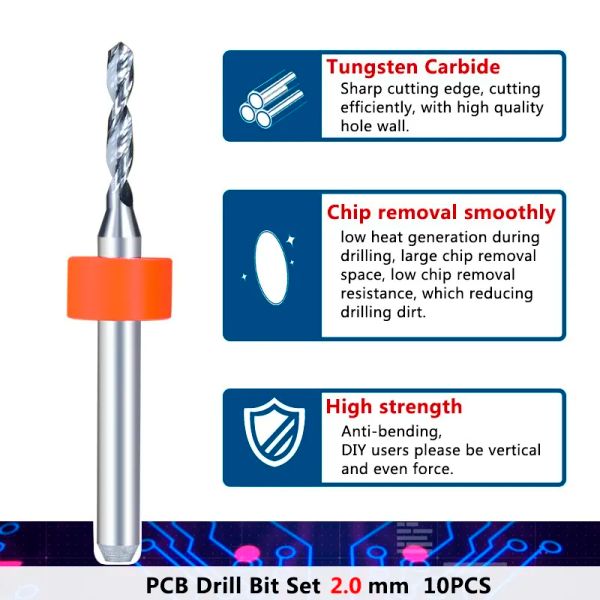 XCAN 2.0 mm PCB Talading Bits 3.175 mm Importación de vástago de carburo PCB Pistón Broy de taladro para PCB Herramienta de perforación de la placa de circuito de impresión 10 piezas/caja