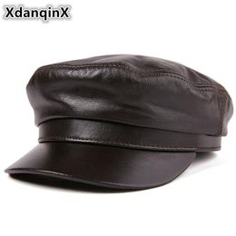 Xdanqinx echte lederen hoed hoogwaardige platte pet voor mannen vrouwen schapenvacht leger militaire hoeden herfst wintermerken caps wide rand