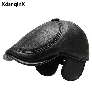 Xdanqinx Hiver Faux Cuir Chapeau Hommes Bérets Chauds Épais Protecteurs D'oreille Chapeau Moyen Âge Hommes Pu Casquette En Cuir Taille Réglable Tong Caps J220722