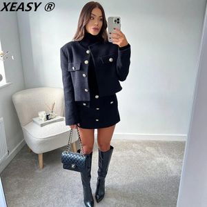 Xeasy tweed jas set tweedelig rok herfst dames mode zwarte een enkele borsten highwaisted pak 240508