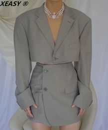 XEASY femmes mode ensemble Vintage simple bouton court Blazer femme taille haute asymétrique ALine jupe angleterre Style costume 240226