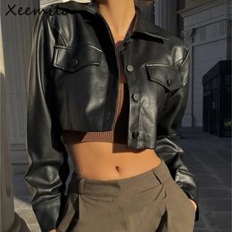 Xeamelo Automne Faux Leather Veste courte Y2K Col de remin-down Fashion Botton Decoration Pu Coat Grunge Street Casual Coats 240506