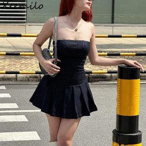 Xeemilo Koreaanse Mode Mouwloze A-lijn Jurk Esthetische Hoge Streetwear Slash-hals Geplooide Jurken Zomer Elegante Slanke Vestidos