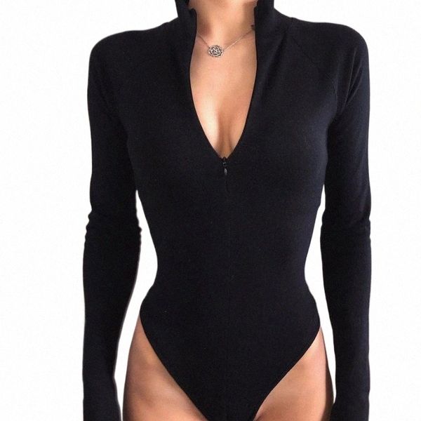 Xeemilo Y2K Solide Sexy Zipper Body Femmes Noir O-cou Lg Manches Skinny Bodyc T-shirt 2023 Soirée Clubwear Bodys K7BP #