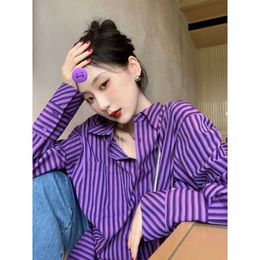 Xej Purple Striped Shirt Fashion Femmes Blouses Youth Youth Casual Long Manches Tapis femme Spring Summer Tops 240326