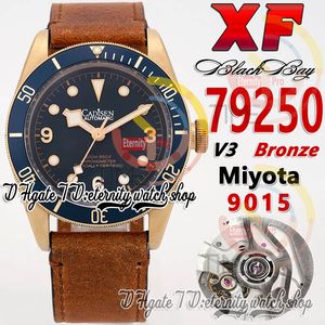 XF 79250 Bronze 9015 Montre automatique pour homme 43 mm Cadran bleu Boîtier en acier PVD Bronze Marqueurs lumineux Bracelet en cuir antique 2023 V3 Super Version Montres d'éternité