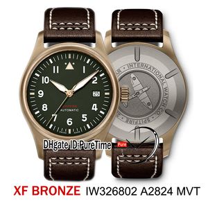 XF Spitfire Automatique Bronze IW326802 A2824 Montre Automatique Pour Homme Cadran Vert Cuir Marron Ligne Blanche Montres Meilleure Édition Puretime XFBZ-01