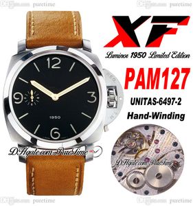 XF 127 A6497 Mechanische handwikkelingheren Watch 47 mm stalen kast zwarte wijzerplaat brwon leahter riem met witte lijn super editie puretime