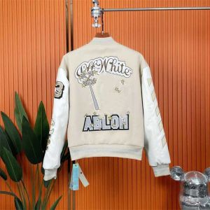 XFFWHITE Joint Men's and Dames World Cup Star Baseball Jacket Autumn Winter Off paar Ow Heavy Industry geborduurde wollen paneel Lederen mouw