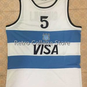 XFLSP # 5 Manu Ginobili Team Argentinië Navy Blauw Genaaid Retro Weerback Basketbal Jersey Pas elk formaatnummer en de naam van de speler aan