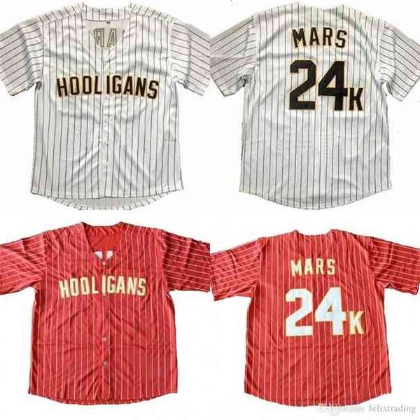 Xflsp moins cher Bruno Mars 24K Hooligans Baseball Jersey Bruno Mars Baseball Maillots Rouge Blanc Hommes Tous Cousu Baseball Maillots vintage rare