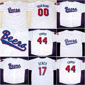 Xflsp Doug Remer 17 Joe Coop Cooper 44 BASEketball BEERS Movie Jersey Button Down White All Stitched Stitch Sewn Maillot de haute qualité