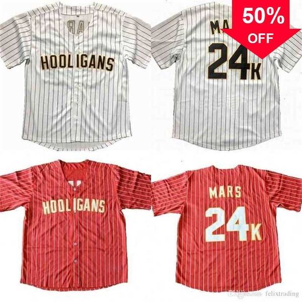 Xflsp GlaC202 moins cher Bruno Mars 24K Hooligans Baseball Jersey Bruno Mars Baseball Maillots Rouge Blanc Hommes Tous Cousu Baseball Maillots