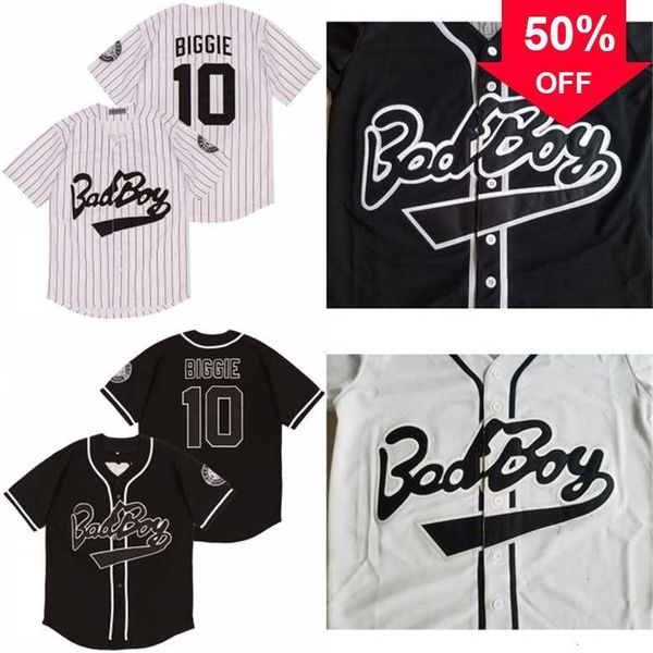 Xflsp GlaMitNess Biggie Smalls 10 Maillot de Baseball Blanc Bad Boy Comprend Patch Blanc Noir Mode Double Couture Haute Qualité