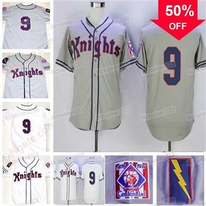 Xflsp GlaMitNess Mens New York Knights Jersey # 9 Roy Hobbs Gris Blanco The Natural Movie Bernard Malamud Stitched The film 1839-1939 Centennial Baseball