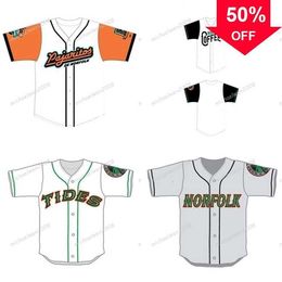 Xflsp GlaMitNess Hombres Norfolk Tides Blanco Gris Personalizado Doble Costura Camisetas Béisbol Jerseys