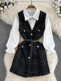 XFPV tempérament coréen revers chemise blanche col en V simple boutonnage Tweed gilet manteau deux pièces ensemble femmes automne 2023 SM7828 231221