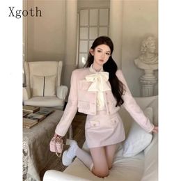 Xgoth rose femmes jupe ensemble à manches longues courte veste en tweed hauts petit parfum hanche Wrap mini jupes filles trois pièces ensembles 240129