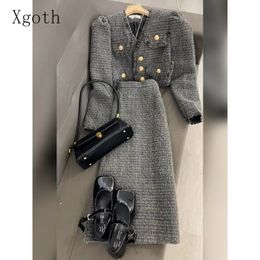 Xgoth Tweed Rokset Kleine geur Afslankende korte wollen jassen Rechte A-lijn Halfhoge rokken Koreaanse stijl Tweedelige sets 240129