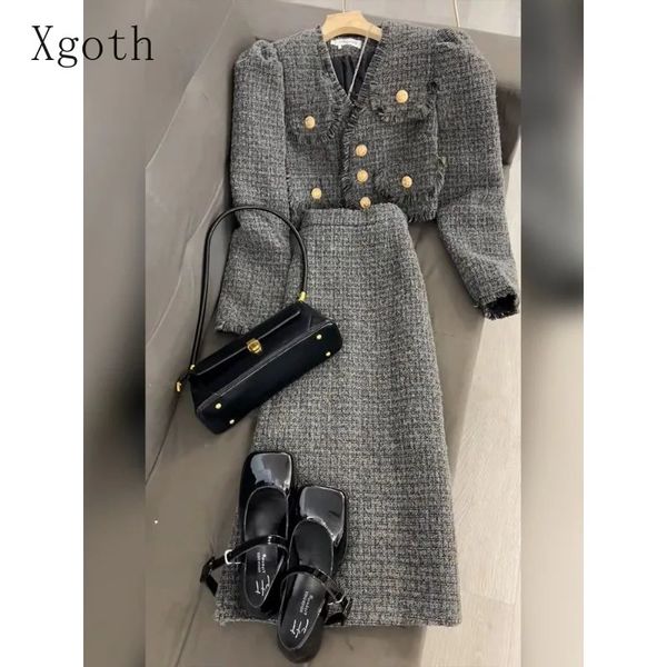 Conjunto de falda de tweed Xgoth, pequeña fragancia, chaquetas cortas de lana adelgazantes, faldas rectas a media pantorrilla, conjuntos de dos piezas de estilo coreano 240129