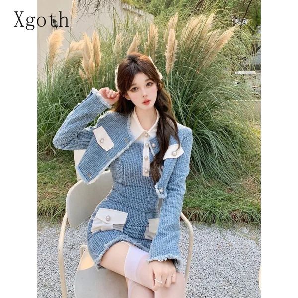 Xgoth Womens Robe Set Girl Small Fragrance Blue Denim Coats Tops Pockets Slim Pure Robes sexy