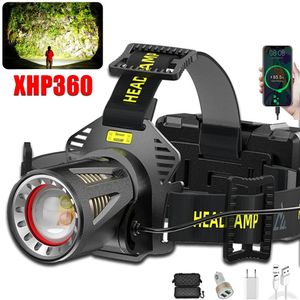 XHP360 LED-koplamp Zoombare sensorkoplamp USB oplaadbare hoofdzaklamp Buiten waterdicht Vissen Noodstroombank 240117