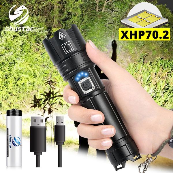 Linterna LED XHP70.2 con pantalla de batería, linterna LED táctica impermeable, zoom telescópico utilizado para aventuras, caza