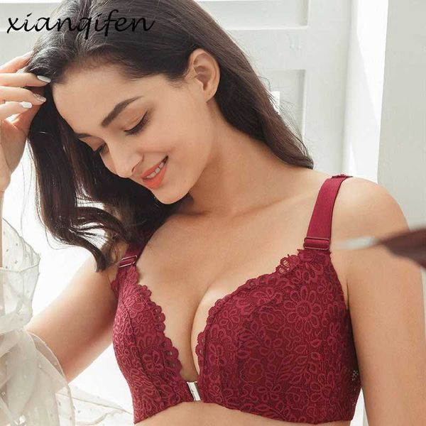 Xianqifen Beauty Back Front Closure Rassemblez Deep V Sous-vêtements pour femmes Soutien-gorge en dentelle Lingerie sexy Push Up Bras pour femmes BCD plus taille 210623