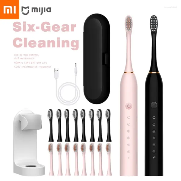 Xiaomi-cepillo de dientes eléctrico sónico, potente, 6 engranajes, USB, resistente al agua, inteligente, recargable, lavable, 8 cabezales, blanqueamiento