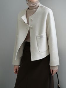 Xiaoxiangfeng wollen jas dames winter eenvoudige korte jas met ronde hals