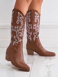 Xibeilove automne et hiver femmes polyvalent mode brodé bottes à talons hauts botte de cowboy occidentale moyenne grande taille