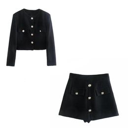 Xikom Tweed Women Twopiece Set Black Vintage Office Lady Single Basted Blazer Femme Casual Slim High Waon Shorts 240518