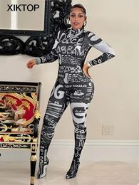 XIKTOP 3D Letter Print Overalls For Women Jumpsuit Women Long Sleeve Hip Lift Bodysuit Sexy Romper 2000s Y2K Streetwear Playsuit 240402