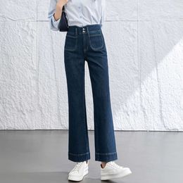 Xin GE Micro Flare Jeans Childrens Spring 2024 Nieuwe High Taille Blue Four Side Elastic Korte Rechte been broek