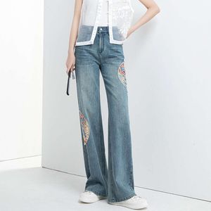 Xin Ge Nieuwe Chinese Stijl Modieuze Geborduurde Buisvormige Broek 2024 Lente Nieuwe Geborduurde Hoge Taille Afslanken Jeans