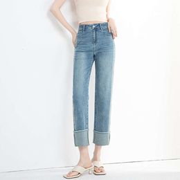 Xin Ge Korte Gekrulde Jeans met Rechte pijpen 2024 Zomer Nieuwe Hoge Taille Gradiënt Broekspijpen Tonen Slanke en Rechte Benen