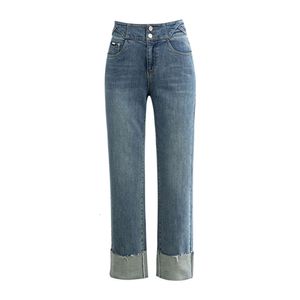 Xinge Chicken rolls broek flens rechte jeans dames nieuwe lente 2024 elastische hoge taille slanke rookpijpbroek