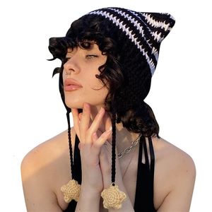 Xingqing Bons y2k esthétique grunge goth chat chaude oreille à rayures Crochet chapeau 2000s femmes kawaii harajuku caps accessoires d'extérieur 240320