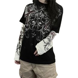 Xingqing gótico Tops Mujeres Vintage Patchwork de estampado gráfico Tamisetas Y2K Dark Academia Ropa estética Streetwear 240510